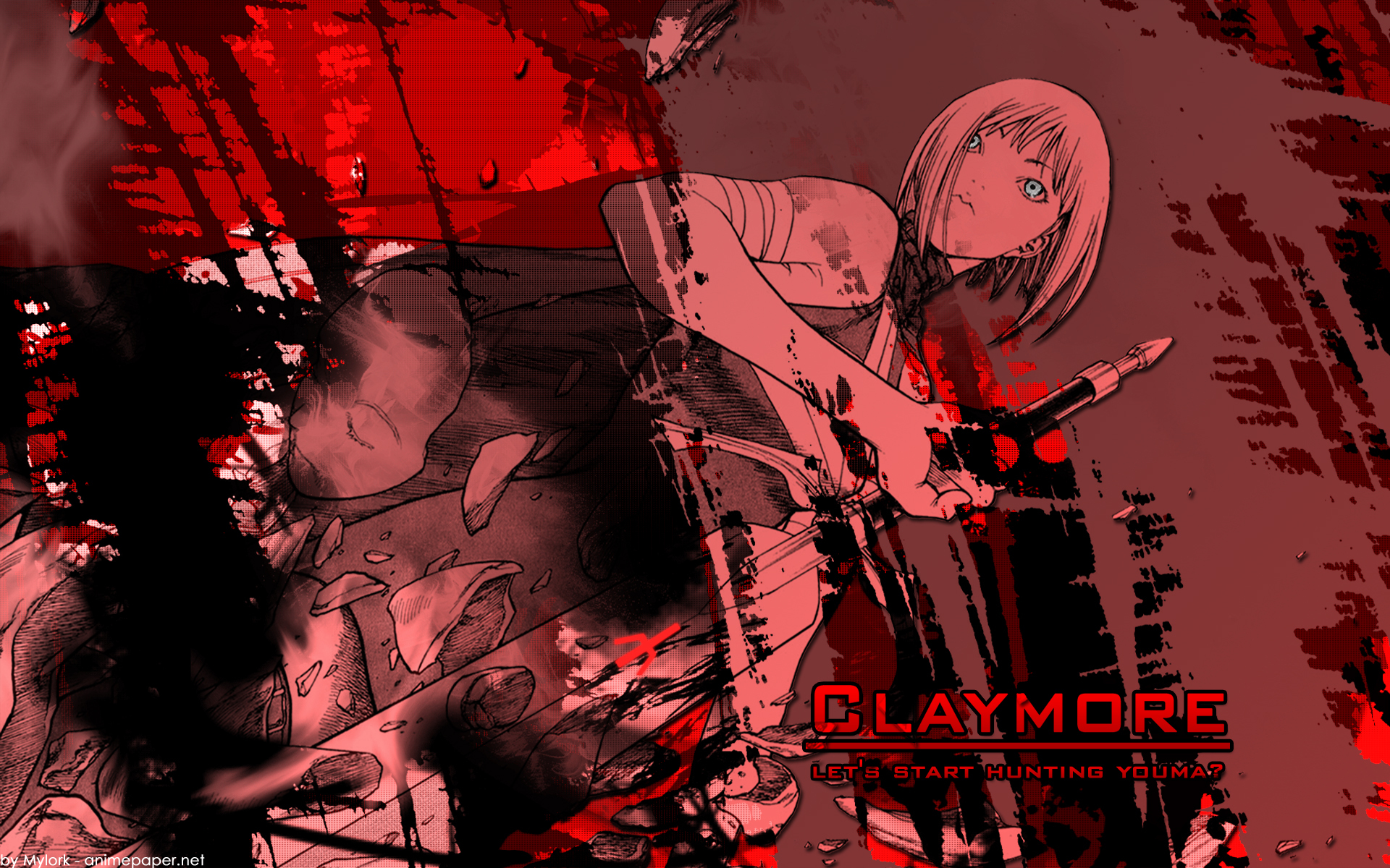 A striking HD desktop wallpaper featuring an anime character from Claymore, surrounded by a dynamic red background, emphasizing action and intensity.