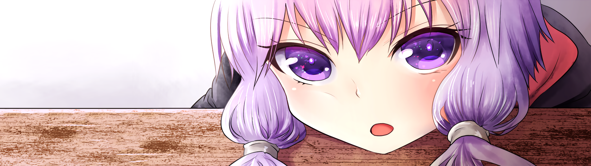 Close-up anime portrait of Yuzuki Yukari with lavender hair and sparkling purple eyes, resting chin on a wooden ledge — HD Vocaloid PC desktop wallpaper.