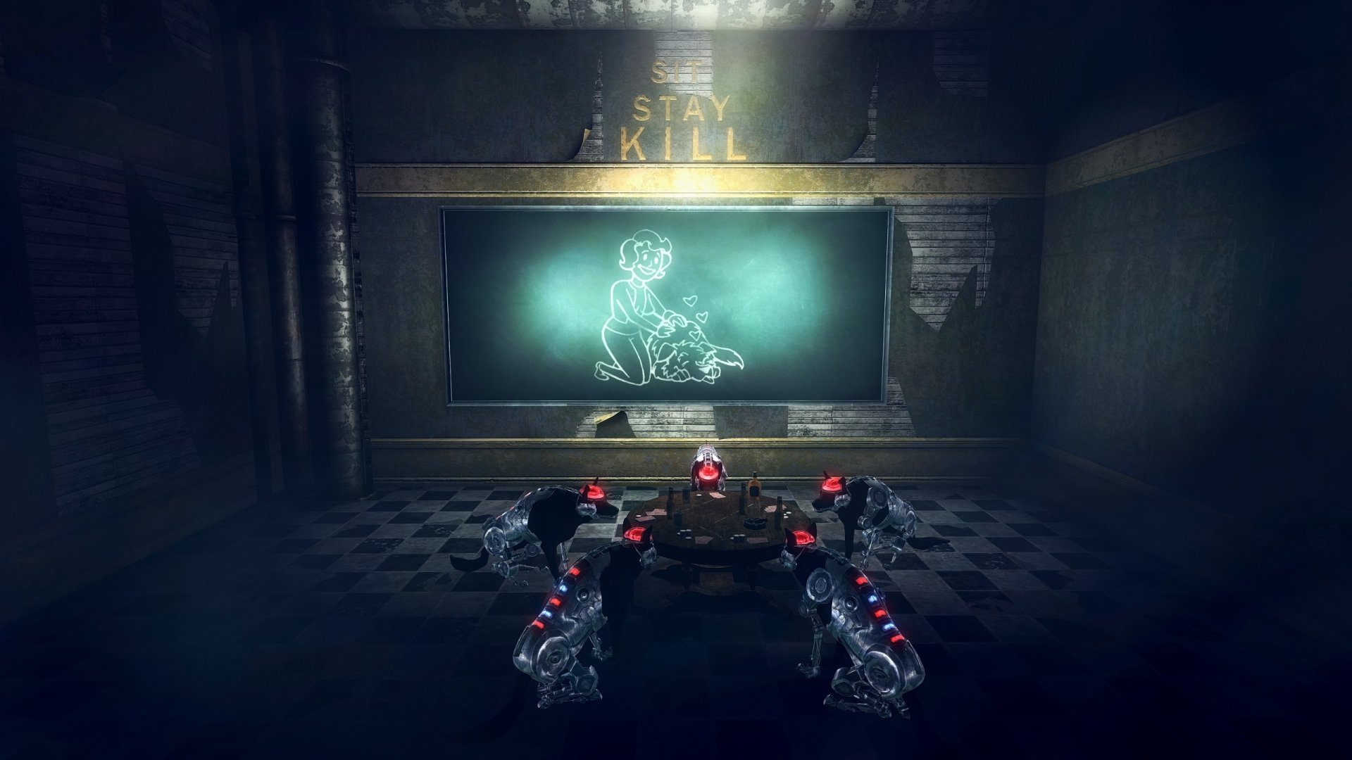 HD PC desktop wallpaper from the video game Fallout, featuring a dark room with robotic arms and a neon outline of a girl holding a flower on the wall.