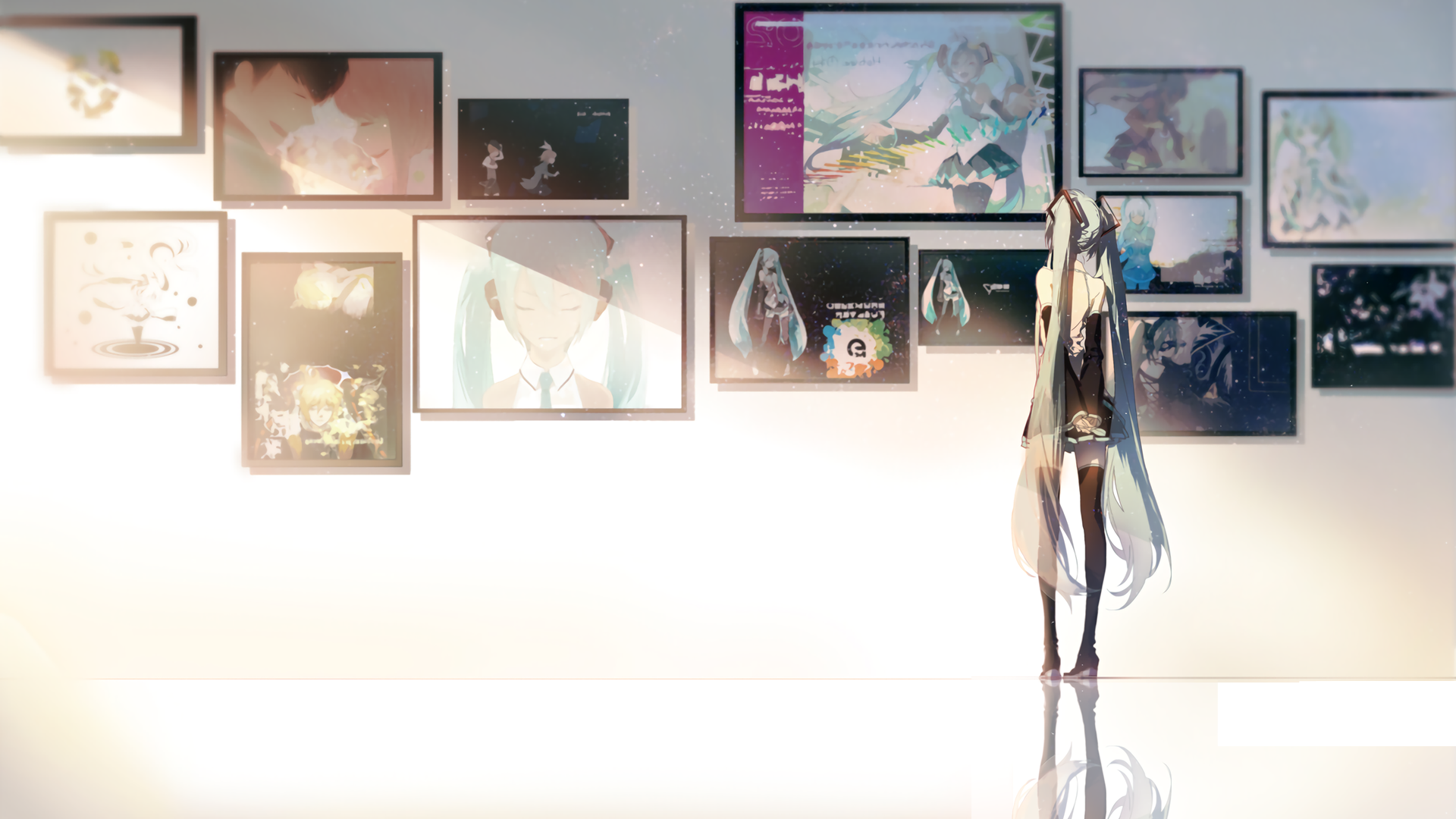 Hatsune Miku, the iconic Vocaloid character, stands in a spacious room surrounded by framed anime artwork, creating a vibrant and immersive HD desktop wallpaper.
