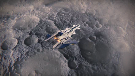 HD PC desktop wallpaper showcasing a spaceship from the video game Destiny flying over a cratered lunar surface.