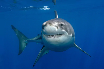 Underwater 4K Ultra HD image of a great white shark swimming among fish in clear blue ocean waters.