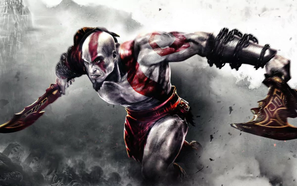 A dynamic HD wallpaper featuring Kratos from the video game God of War: Ghost of Sparta, showcasing his intense battle stance with his iconic blades.