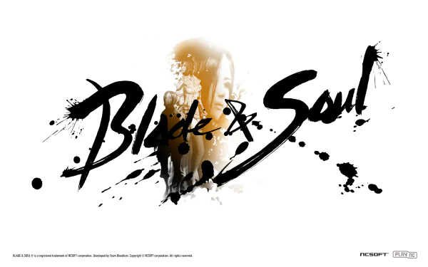 HD PC desktop wallpaper featuring the Blade & Soul logo in dynamic black brush strokes with subtle character imagery from the video game.