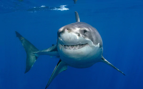 Underwater 4K Ultra HD image of a great white shark swimming among fish in clear blue ocean waters.