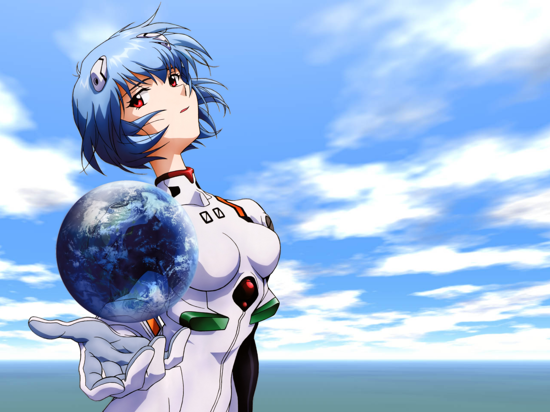 Rei Ayanami in a white plugsuit cradling a small Earth against a bright blue sky — Neon Genesis Evangelion 2K Quad HD PC desktop wallpaper