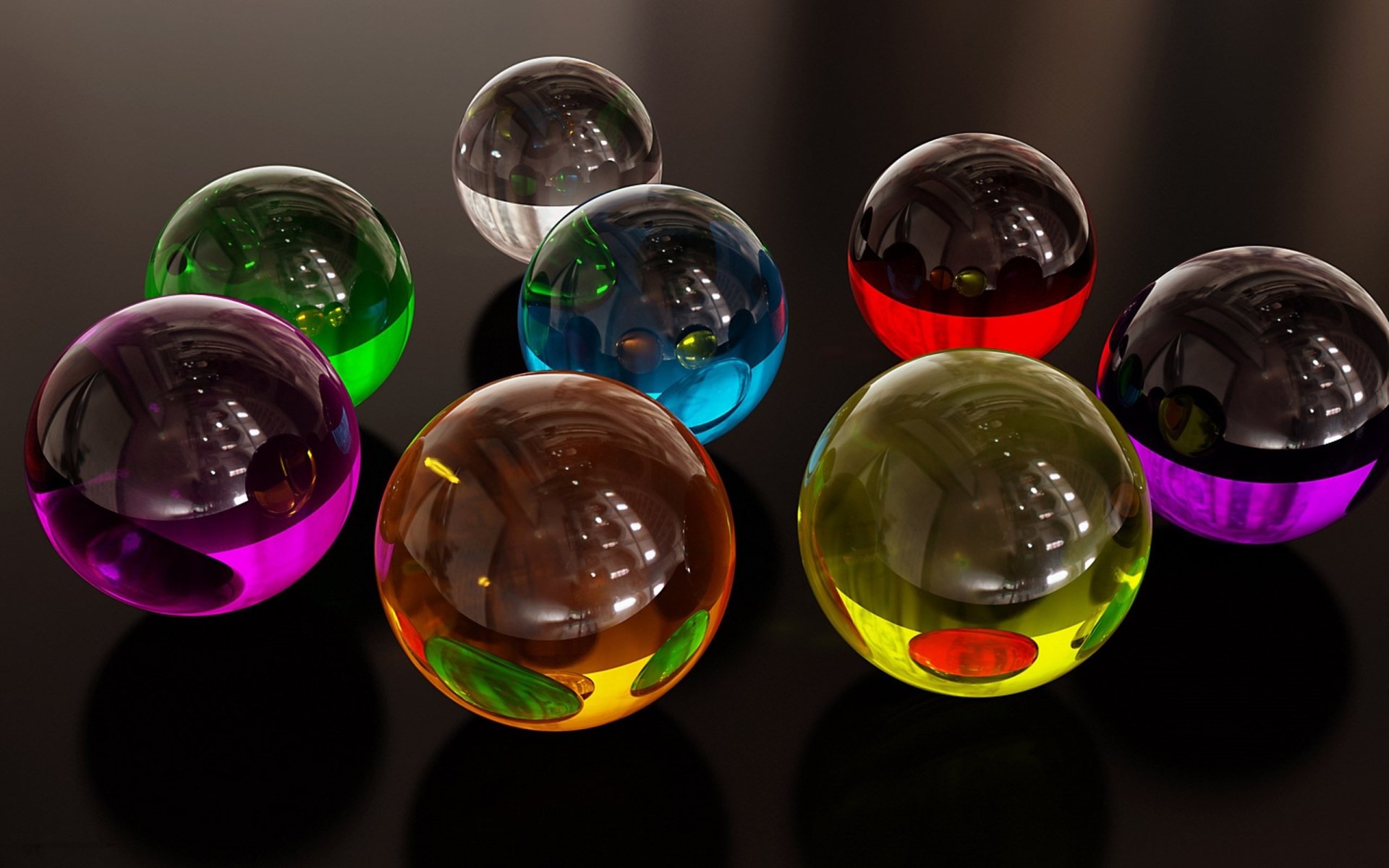HD 3D CGI desktop wallpaper featuring colorful abstract glass balls on a dark reflective surface, showcasing vibrant hues and smooth textures.