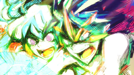 Vibrant HD anime wallpaper featuring dynamic, sketch-style artwork of characters from Tengen Toppa Gurren Lagann in intense action poses.