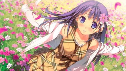 HD anime desktop wallpaper featuring a character from 5 Nenme no Houkago in a flower-filled field, showcasing vibrant colors and detailed original artwork.