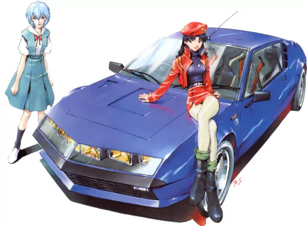 Neon Genesis Evangelion anime wallpaper: Misato Katsuragi in a red jacket sitting on a blue sports car, Rei Ayanami standing nearby — 2K Quad HD PC desktop background.