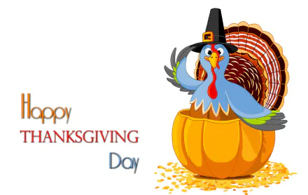 HD Thanksgiving desktop wallpaper featuring a cheerful turkey wearing a pilgrim hat, sitting inside a pumpkin with Happy Thanksgiving Day text on a white background.