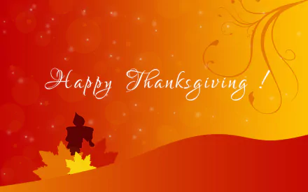 Warm orange-red 2K Quad HD PC desktop wallpaper: Happy Thanksgiving! script over a silhouetted pilgrim, autumn leaves and swirling holiday accents.