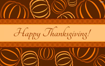 Happy Thanksgiving! 2K Quad HD PC desktop wallpaper: warm brown and orange pumpkin pattern with elegant script greeting across a centered beige banner - holiday Thanksgiving background.