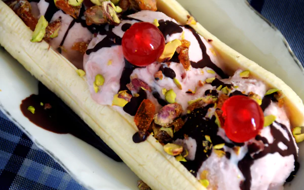 Close-up of a banana split topped with pink ice cream, chocolate syrup, chopped nuts, and bright red cherries, captured in 4K Ultra HD quality for desktop background.