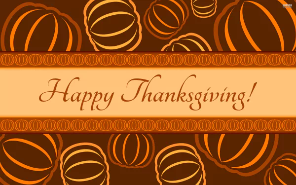 Happy Thanksgiving! 2K Quad HD PC desktop wallpaper: warm brown and orange pumpkin pattern with elegant script greeting across a centered beige banner - holiday Thanksgiving background.