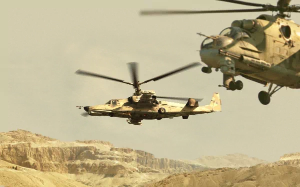 A striking HD image of military helicopters in flight, featuring the Kamov Ka-50 against a rugged landscape, showcasing their dynamic presence and power.