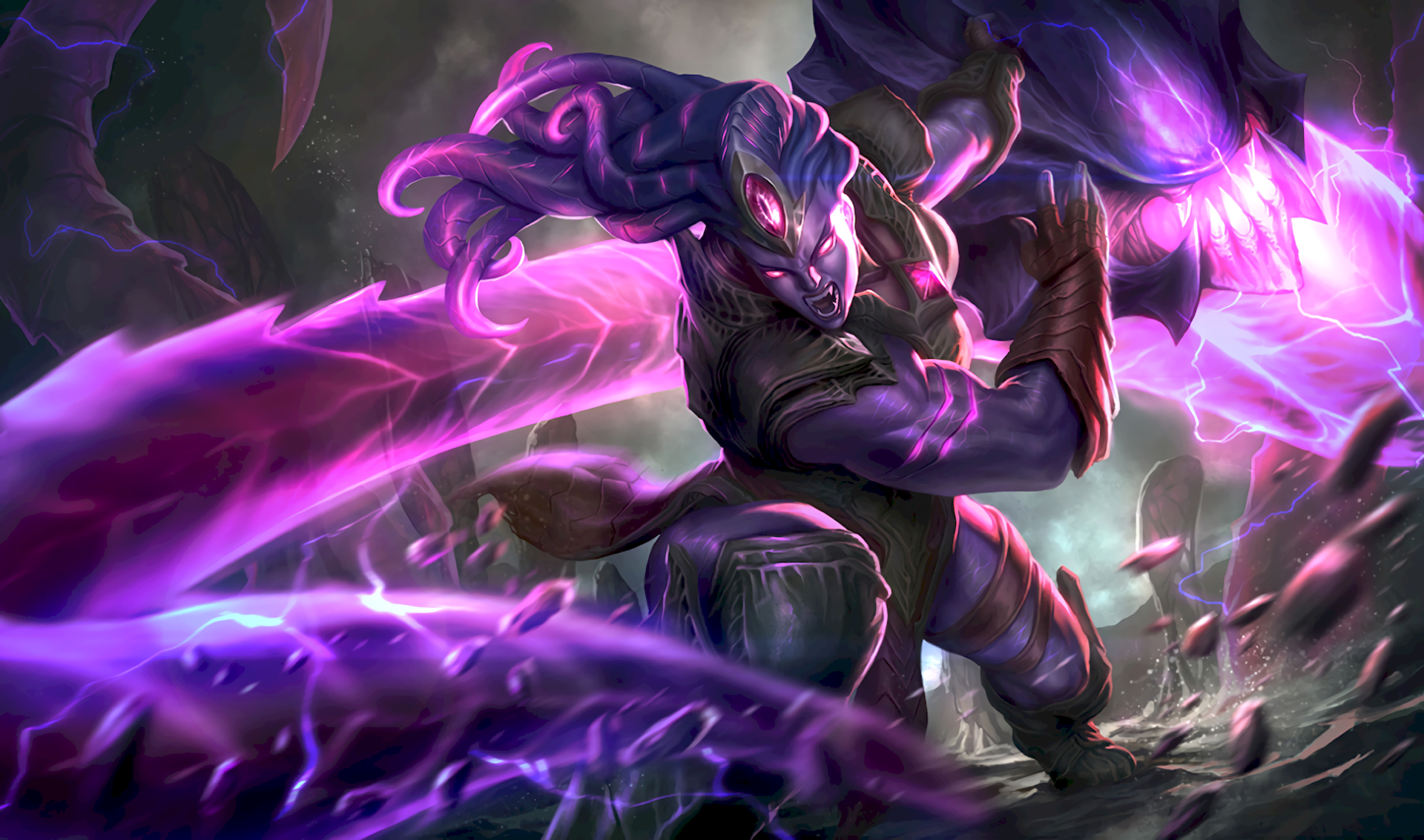 HD desktop wallpaper featuring Illaoi from the video game League of Legends, showcasing dynamic purple energy and a powerful stance in a dark, intense setting.