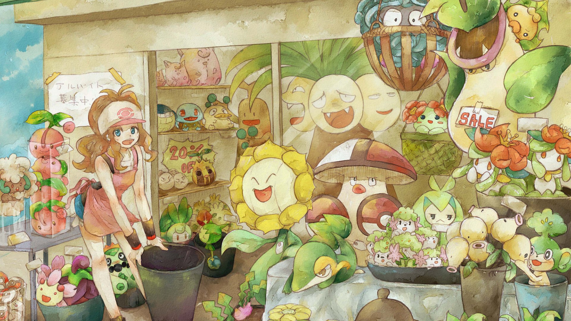 A vibrant HD wallpaper featuring characters and Pokémon from the Black and White video game, showcasing a lively shop filled with various Pokémon and plants.