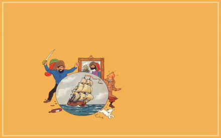A vibrant HD wallpaper featuring characters from The Adventures of Tintin, showcasing a scene with a ship and various adventures against a bright orange background.