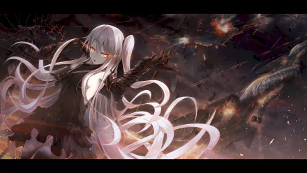A striking HD desktop wallpaper featuring Demon, an aircraft carrier character from the anime Kantai Collection, surrounded by a dramatic, war-torn backdrop.