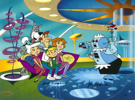 HD PC desktop wallpaper featuring The Jetsons from the classic TV show, showcasing the futuristic family in their vibrant, retro-futuristic living room setting.