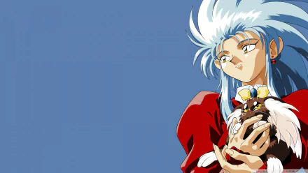Tenchi Muyo! HD PC desktop wallpaper showing a silver‑haired anime character cradling the cabbit Ryo-Ohki against a minimalist blue background.