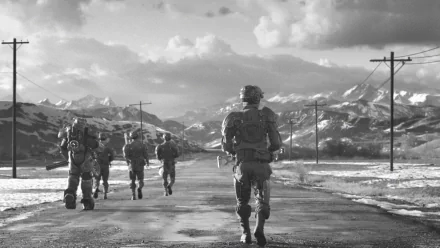 HD desktop wallpaper featuring a scene from the video game Fallout 4, depicting a group of armored figures walking on a desolate road with mountains and power lines in the background.