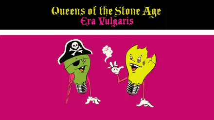 HD PC desktop wallpaper: Queens of the Stone Age Era Vulgaris, two cartoon lightbulbs (pirate green with eyepatch, flame-yellow smiling) on a magenta background with the band title above.