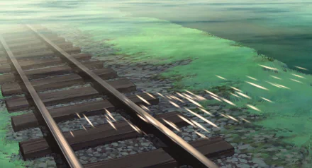 A serene HD wallpaper from the anime Spirited Away, featuring tranquil train tracks beside shimmering water, capturing the ethereal beauty of the film's enchanting landscapes.