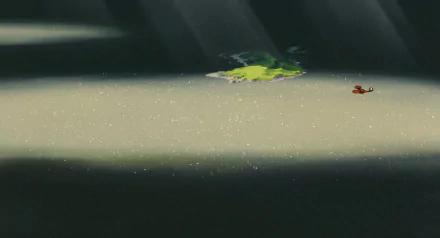 HD anime desktop wallpaper featuring Porco Rosso flying over a shimmering water surface near a small green island, bathed in soft sunlight filtering through shadows.