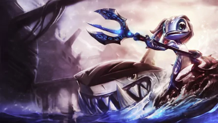HD PC desktop wallpaper: Fizz (League of Legends) rising from stormy waves with his trident and a grinning shark — video game League of Legends art.