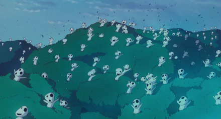 HD anime desktop wallpaper featuring numerous Kodama spirits on lush green hills from Princess Mononoke, set against a soft blue sky background.