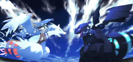 Touya and N face off with Reshiram and Zekrom in a breathtaking scene from Pokémon: Black and White, featuring dramatic clouds and vibrant colors in this HD wallpaper.