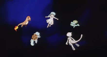 HD desktop wallpaper featuring Ambertwo, Mewtwo, Bulbasaur, Squirtle, and Charmander from Pokémon: The First Movie in an anime-style scene.