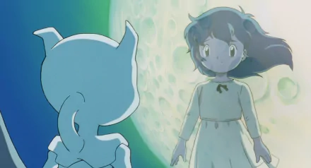 HD desktop wallpaper featuring anime-style Ambertwo and a girl, inspired by Pokémon: The First Movie, with a serene, glowing background.