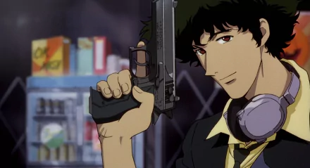 HD anime desktop wallpaper featuring Spike Spiegel from Cowboy Bebop holding a gun with a confident expression in a dimly lit background.