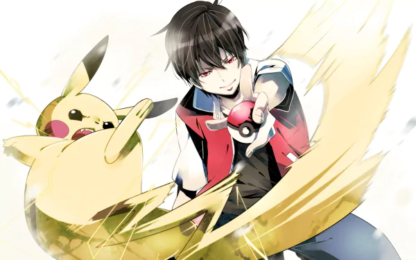 A high-definition wallpaper featuring Red from Pokémon with an electrifying Pikachu and a pokeball, inspired by the video game Pokémon: Red and Blue.