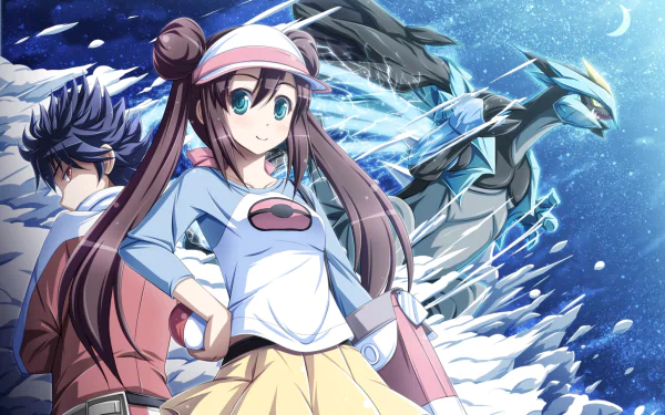 A vibrant 4K Ultra HD wallpaper featuring characters from Pokémon: Black and White 2, set against a dynamic, snowy backdrop with a dragon looming in the background.