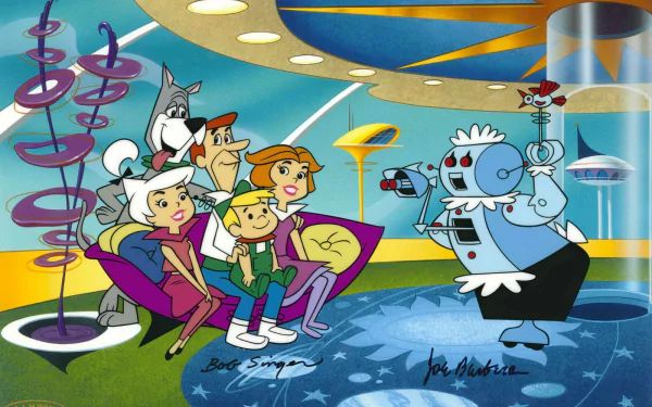 HD PC desktop wallpaper featuring The Jetsons from the classic TV show, showcasing the futuristic family in their vibrant, retro-futuristic living room setting.