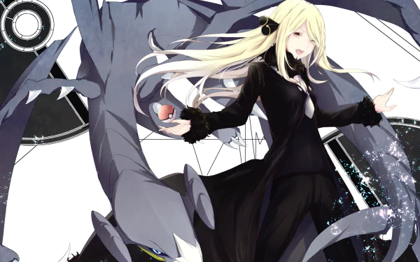 HD PC desktop wallpaper featuring Cynthia and her Garchomp from the Pokémon: Diamond and Pearl video game series in dynamic, stylized artwork.