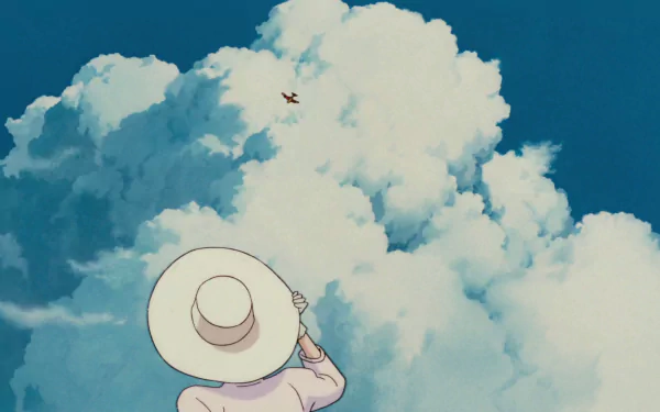 Anime HD PC desktop wallpaper from Porco Rosso: a figure in a wide-brimmed hat watches a small red plane against towering cumulus clouds and deep blue sky.