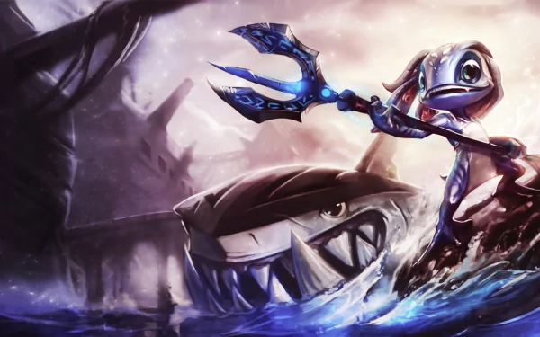 HD PC desktop wallpaper: Fizz (League of Legends) rising from stormy waves with his trident and a grinning shark — video game League of Legends art.