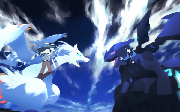 Touya and N face off with Reshiram and Zekrom in a breathtaking scene from Pokémon: Black and White, featuring dramatic clouds and vibrant colors in this HD wallpaper.