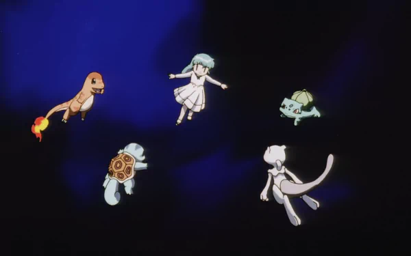 HD desktop wallpaper featuring Ambertwo, Mewtwo, Bulbasaur, Squirtle, and Charmander from Pokémon: The First Movie in an anime-style scene.