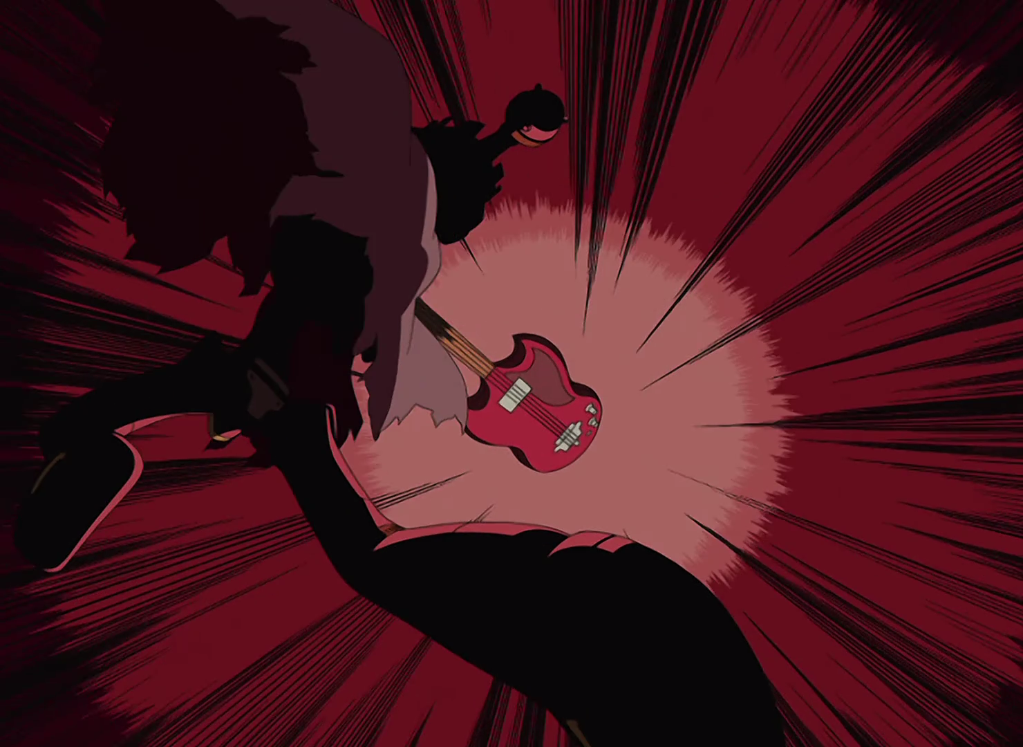 FLCL anime HD PC desktop wallpaper and background: silhouetted figure hurling a red electric guitar amid explosive red and black motion lines.
