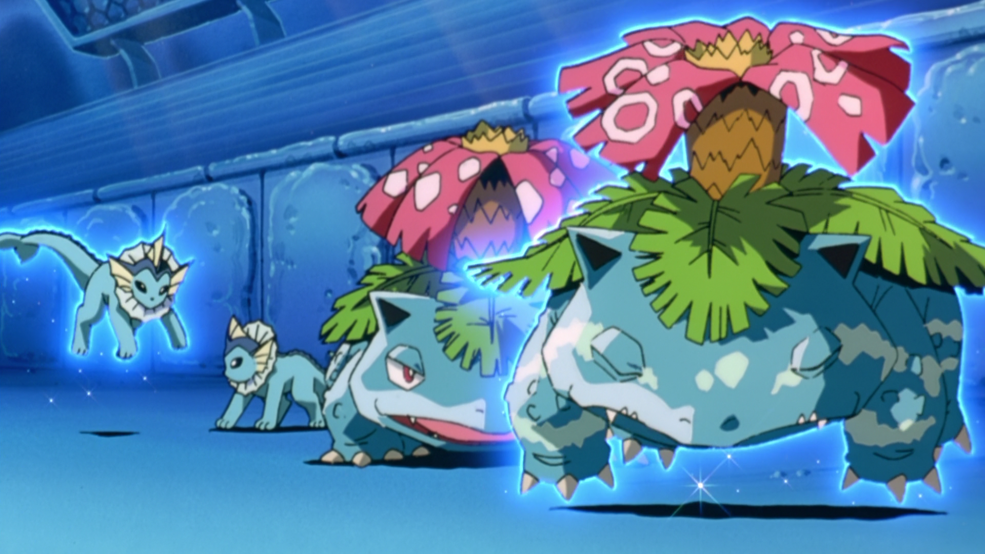 HD PC desktop wallpaper featuring Vaporeon and Venusaur from Pokémon: The First Movie in anime style with vibrant colors and dynamic poses.