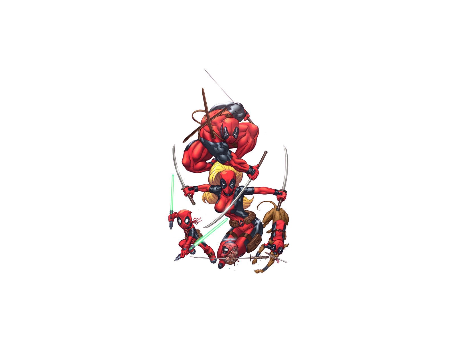 Comic-style Deadpool in dynamic acrobatic poses on white, rendered as an HD PC desktop wallpaper and background.