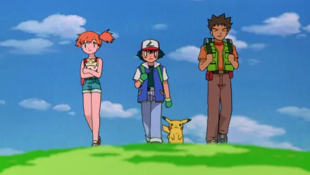 A vibrant HD wallpaper featuring Ash Ketchum, Misty, Brock, and Pikachu, set against a bright blue sky, inspired by Pokémon 4Ever: Celebi - Voice of the Forest.