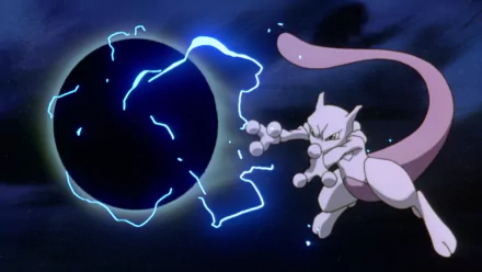 Mewtwo from Pokémon unleashes a powerful attack against a dark sphere, set against a dramatic background from Pokémon: The First Movie. HD desktop wallpaper showcasing iconic anime action.