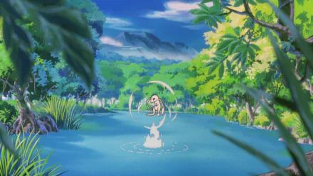 Mew (Pokémon) from Pokémon: The First Movie floats above a tranquil pond in a lush anime forest — HD PC desktop wallpaper and background.